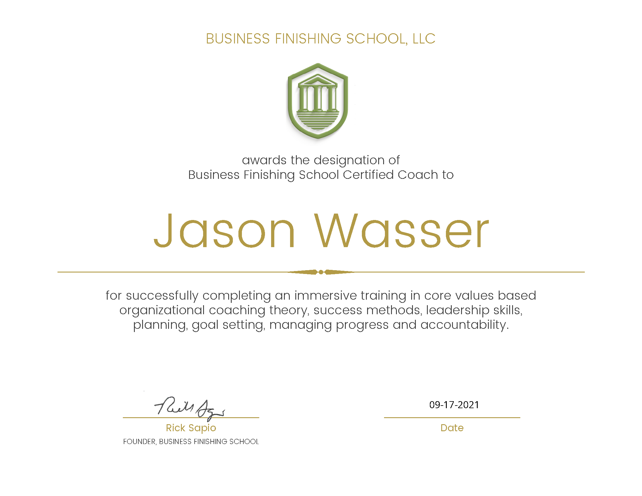 Business Finishing School Certified Coach Certificate - Jason Wasser LMFT